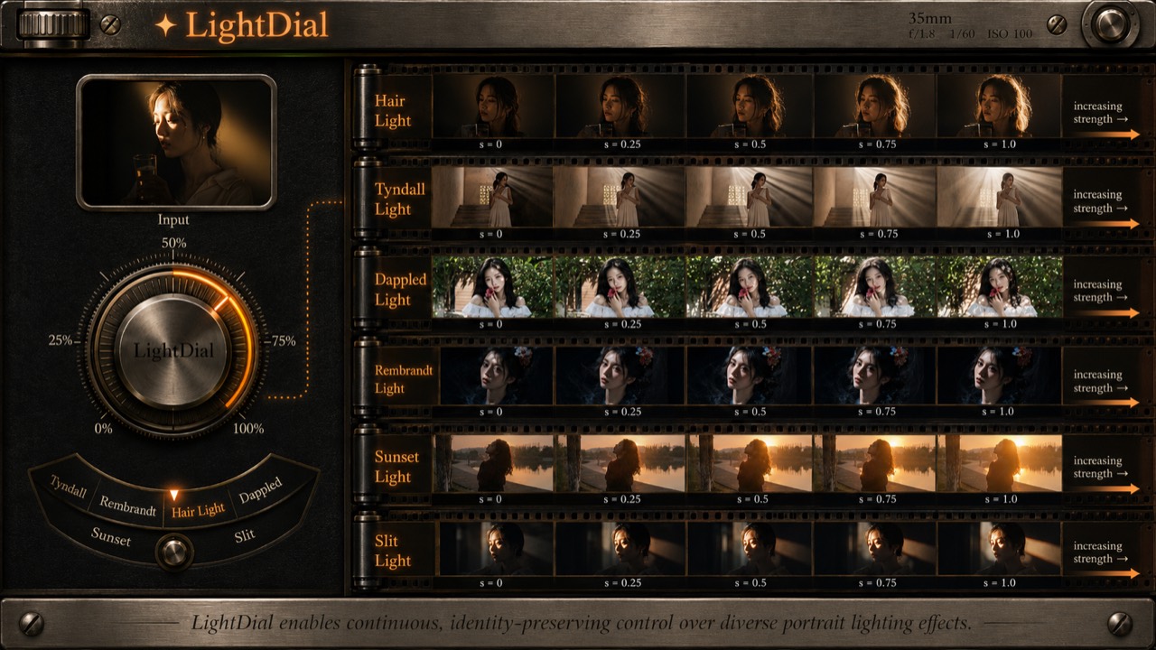 LightDial qualitative overview showing six portrait lighting effects at five control strengths